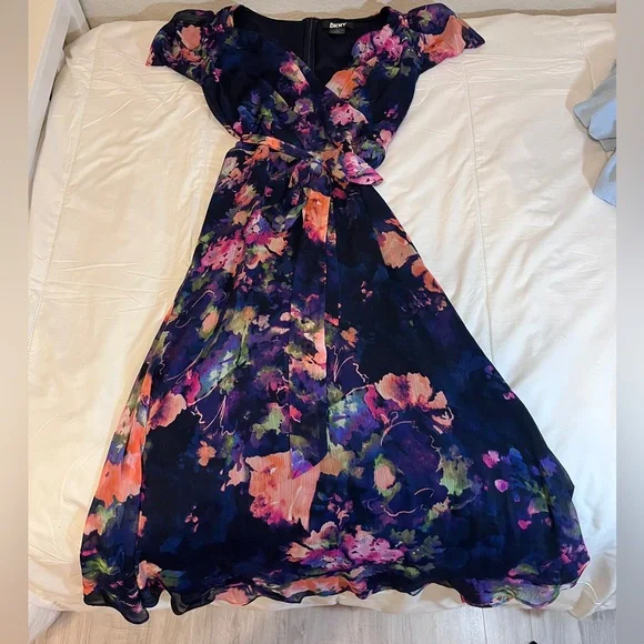 DKNY Floral Midi Dress | Wedding Guest Dress | Chiffon - Picture 3 of 3